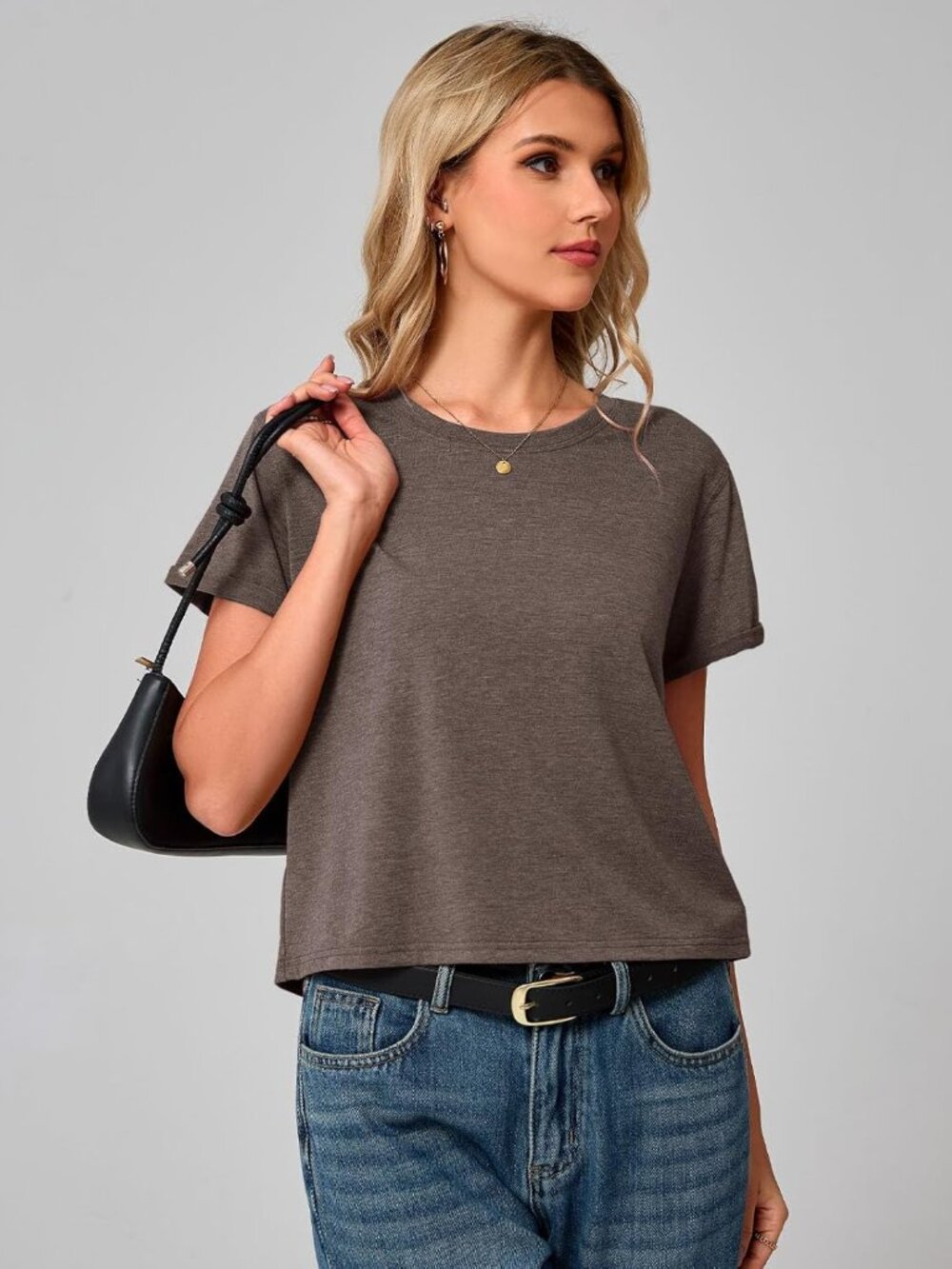 Women's Brown Summer Short Sleeve Crewneck Crop Casual and Flowy Style T Shirt - Picture 4 of 6